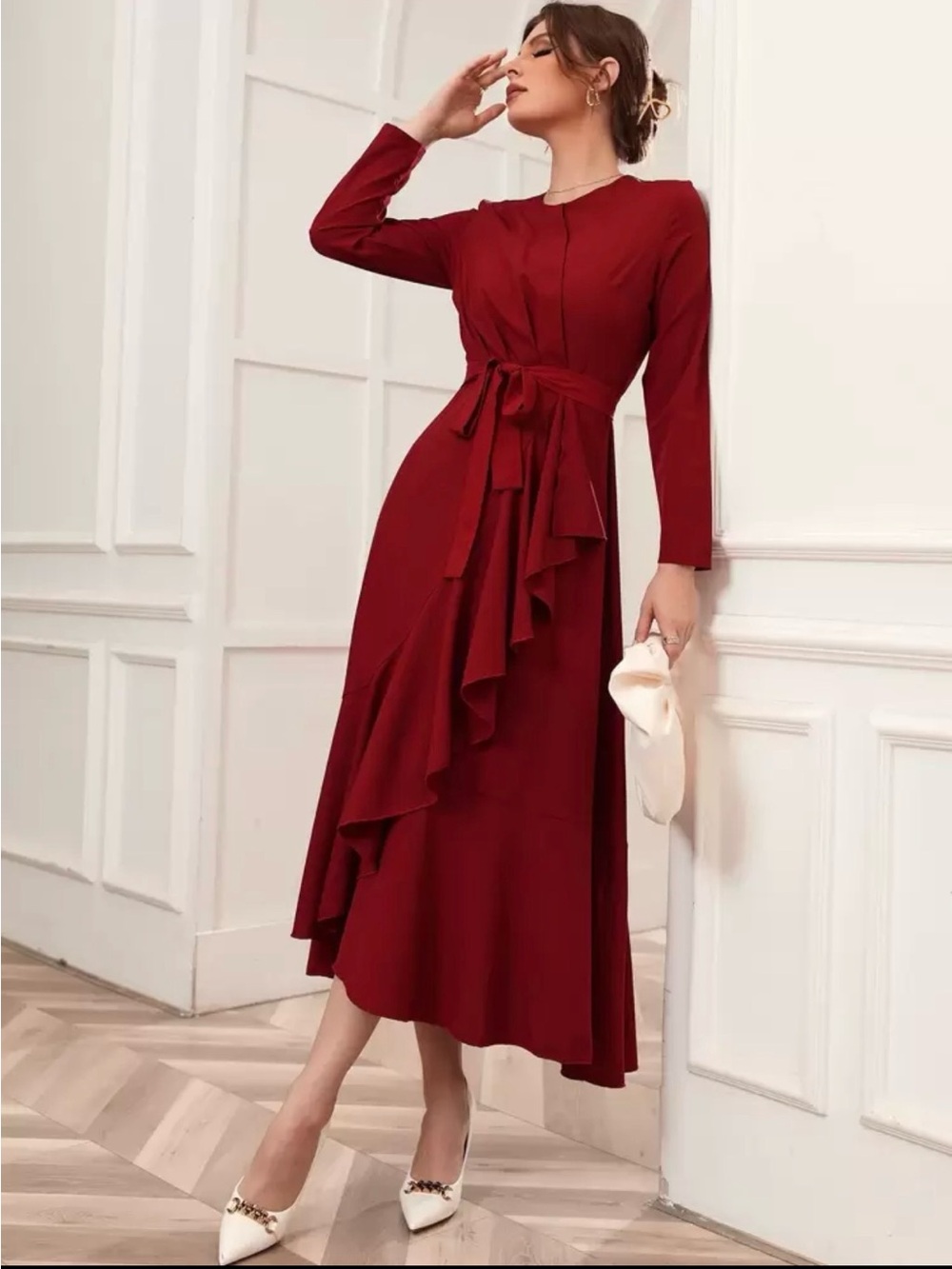 SHEIN Burgundy Long-Sleeve Ruffle Tie-Waist Midi Dress